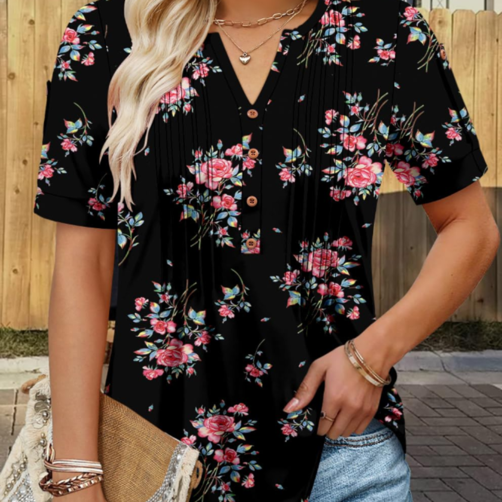 Beatrice Women’s Summer Top – V-Neck, Front Buttons, and Relaxed Fit