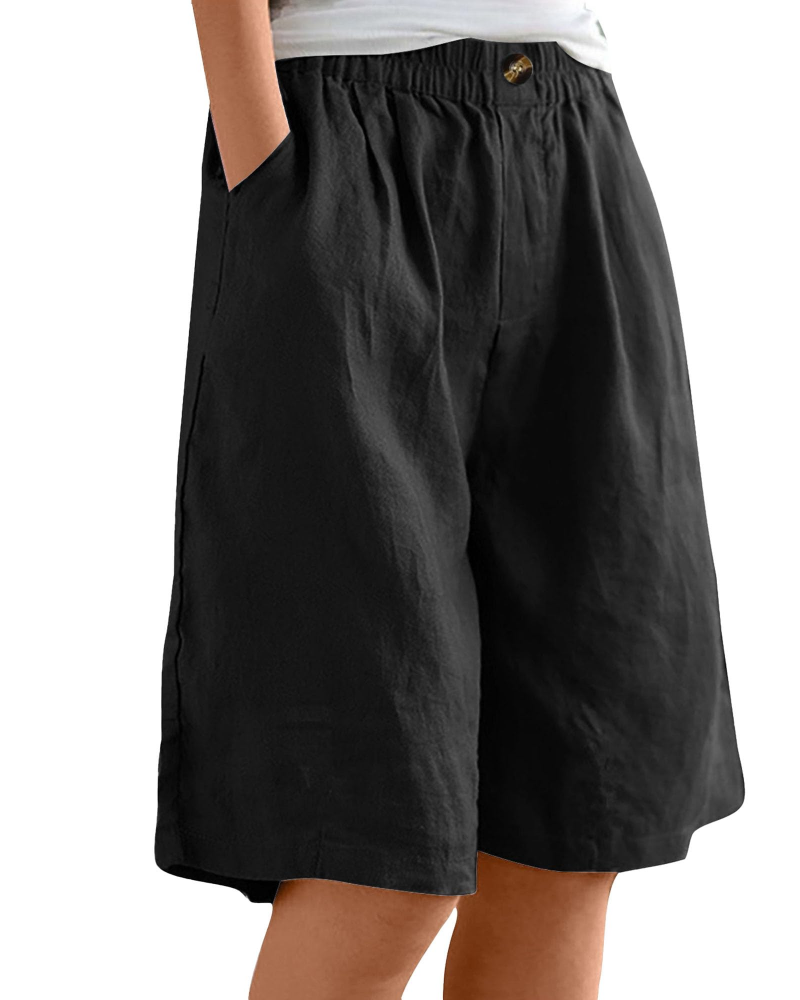 Savannah bermudashorts til dame – 100 % bomull, høy midje, lommer og vide ben