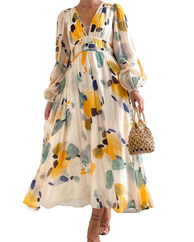 Hannah Abito Donna – Maxikjole med blomsterprint, lange ærmer, elastisk talje og foring