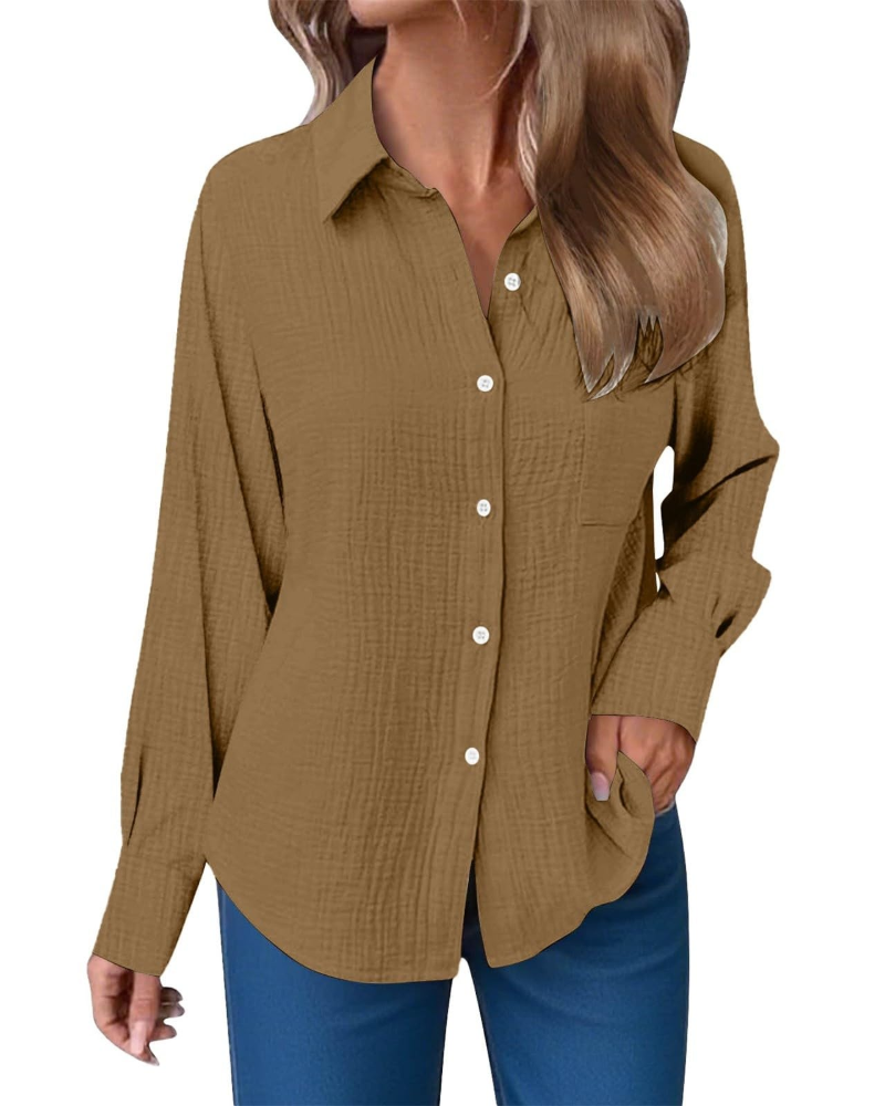 Hannah Blusa Donna – Camicia in Mussola di Cotone con Scollo a V, Bottoni & Taschino