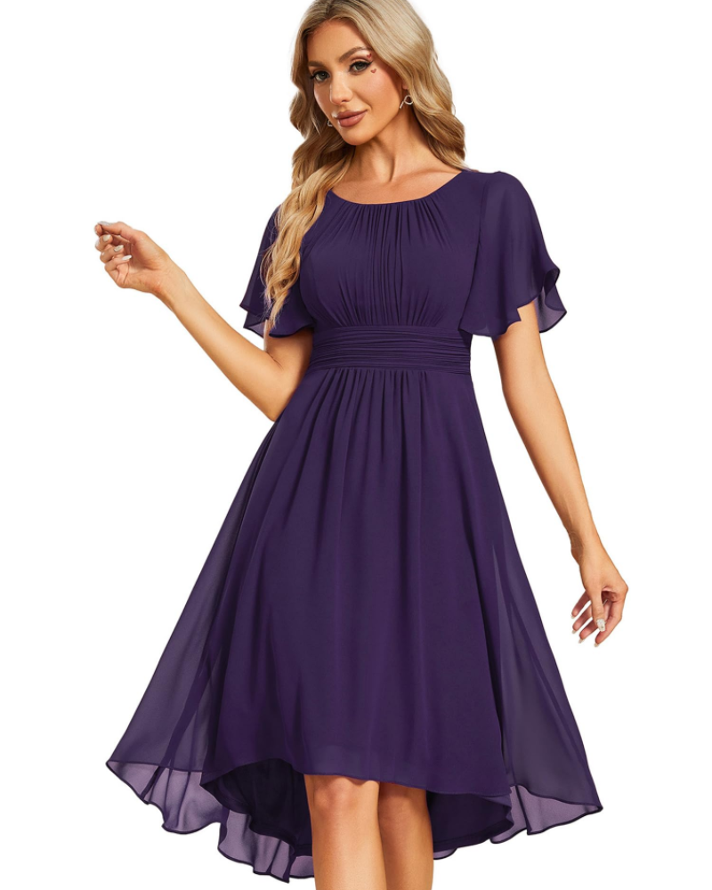 Claire Abito Elegante Donna – Midi ruha chiffonból, A-vonalú, rövid ujjú és kerek nyakkivágással