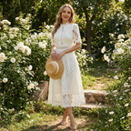 Bianca Abito Donna Midi Ricamato – Collo Alto, A-Line Elegante con Pizzo