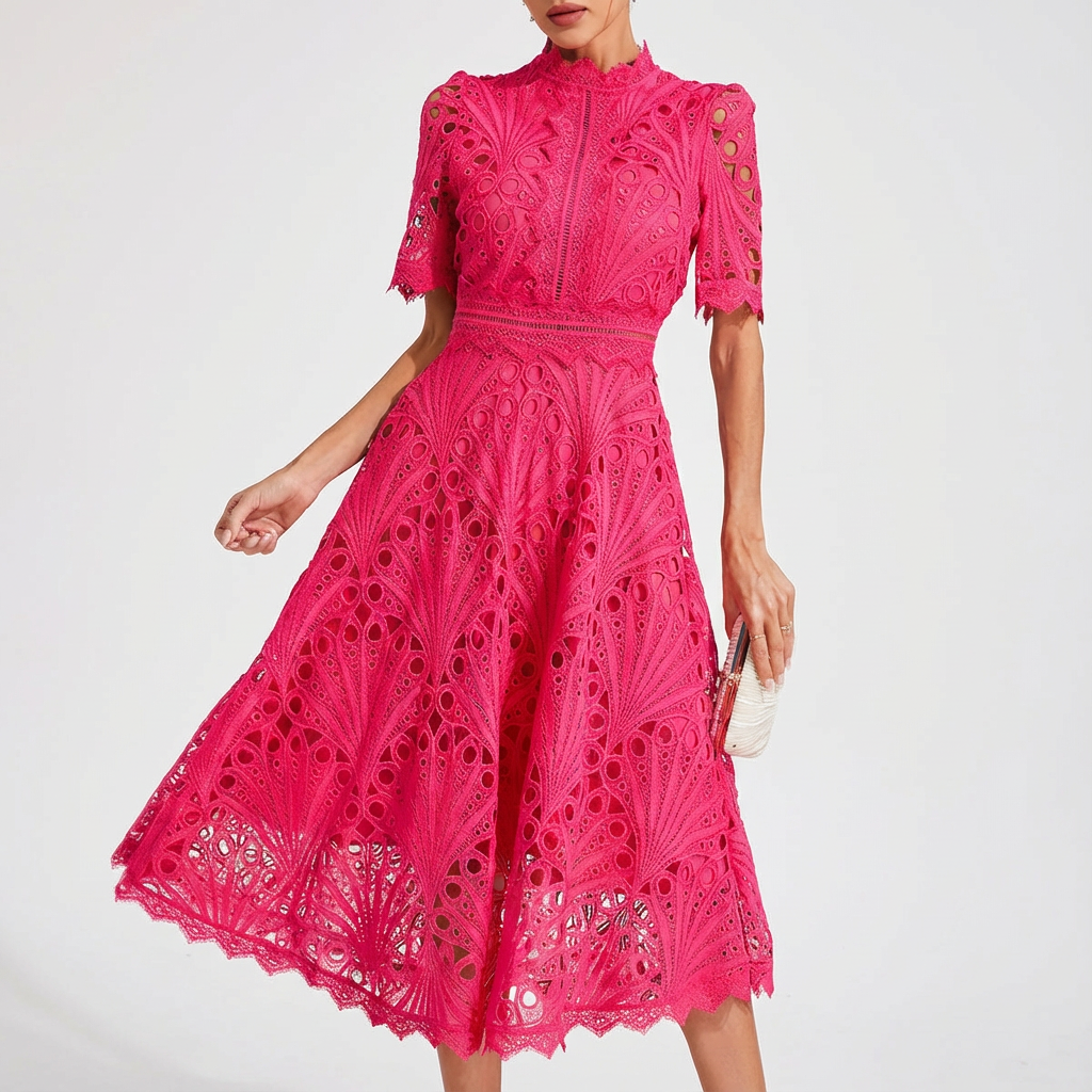 Bianca Abito Donna Midi Ricamato – Collo Alto, A-Line Elegante con Pizzo