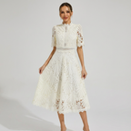 Bianca Abito Donna Midi Ricamato – Collo Alto, A-Line Elegante con Pizzo