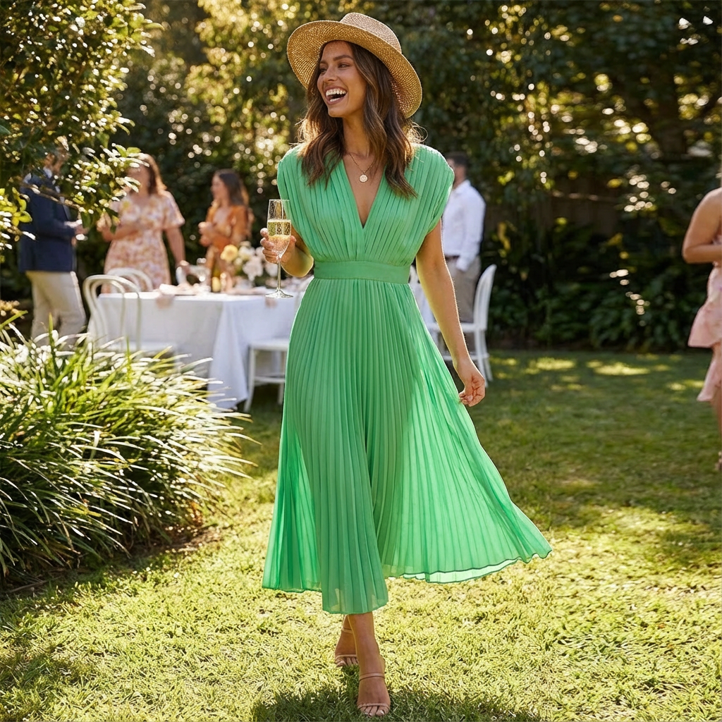 Alessia Vestido Midi Mujer Plisado – Escote en V, Cintura Definida Elegante y Fluido