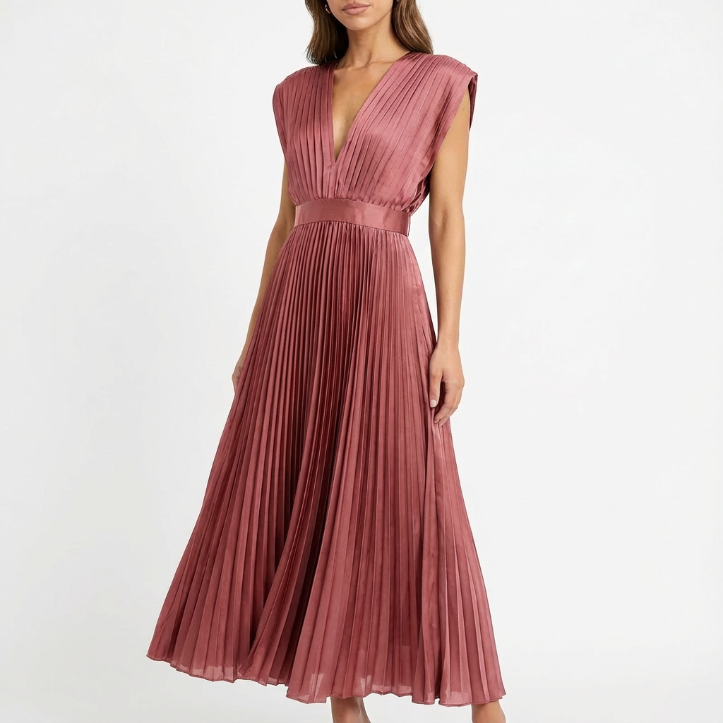 Alessia Abito Donna Midi Plissé – Scollo V, Vita Definita Elegante Fluido