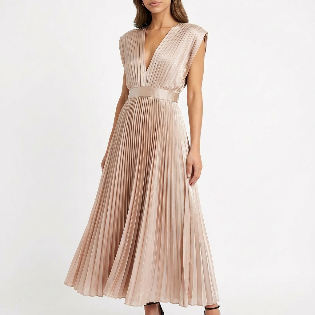 Alessia Abito Donna Midi Plissé – Scollo V, Vita Definita Elegante Fluido