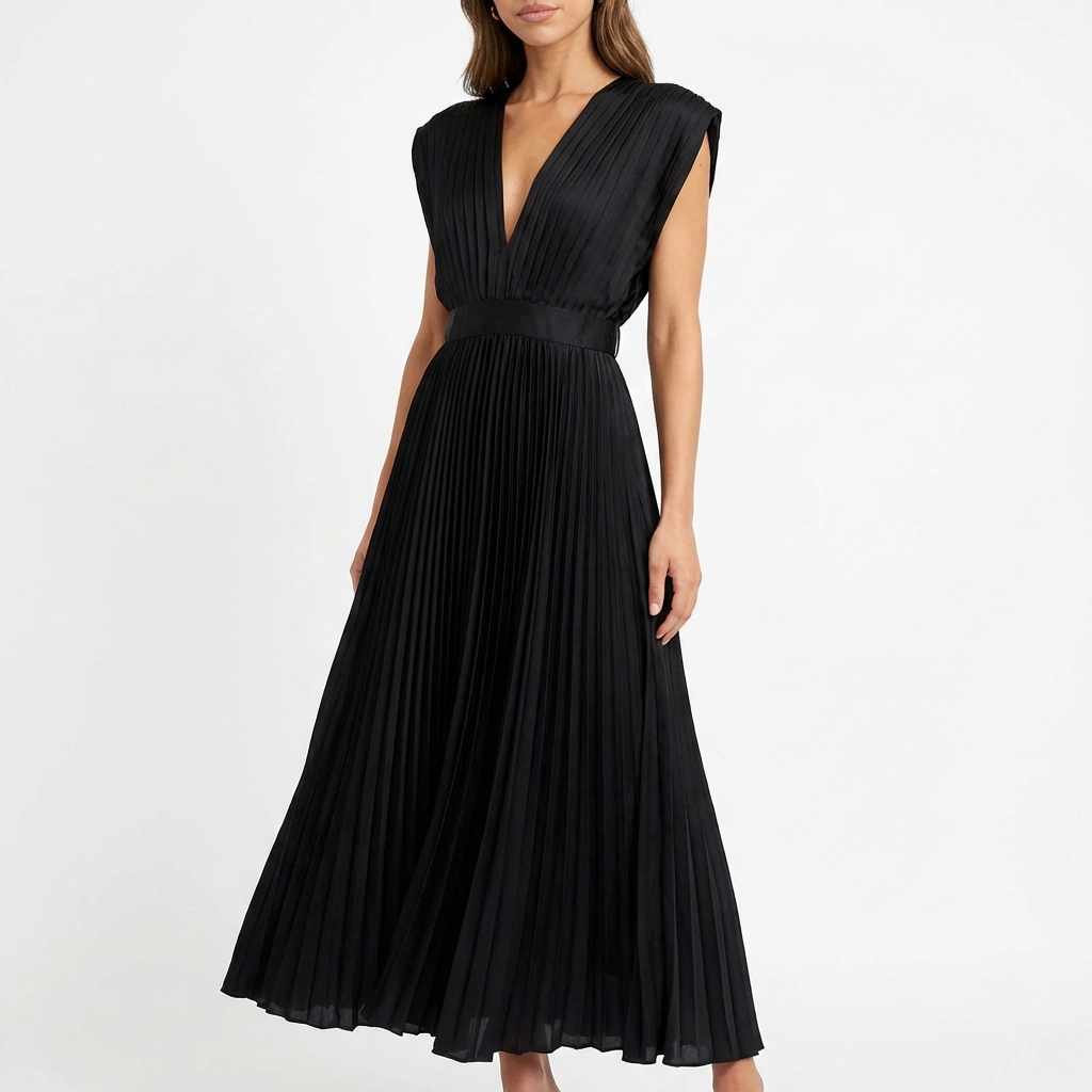 Alessia Abito Donna Midi Plissé – Scollo V, Vita Definita Elegante Fluido