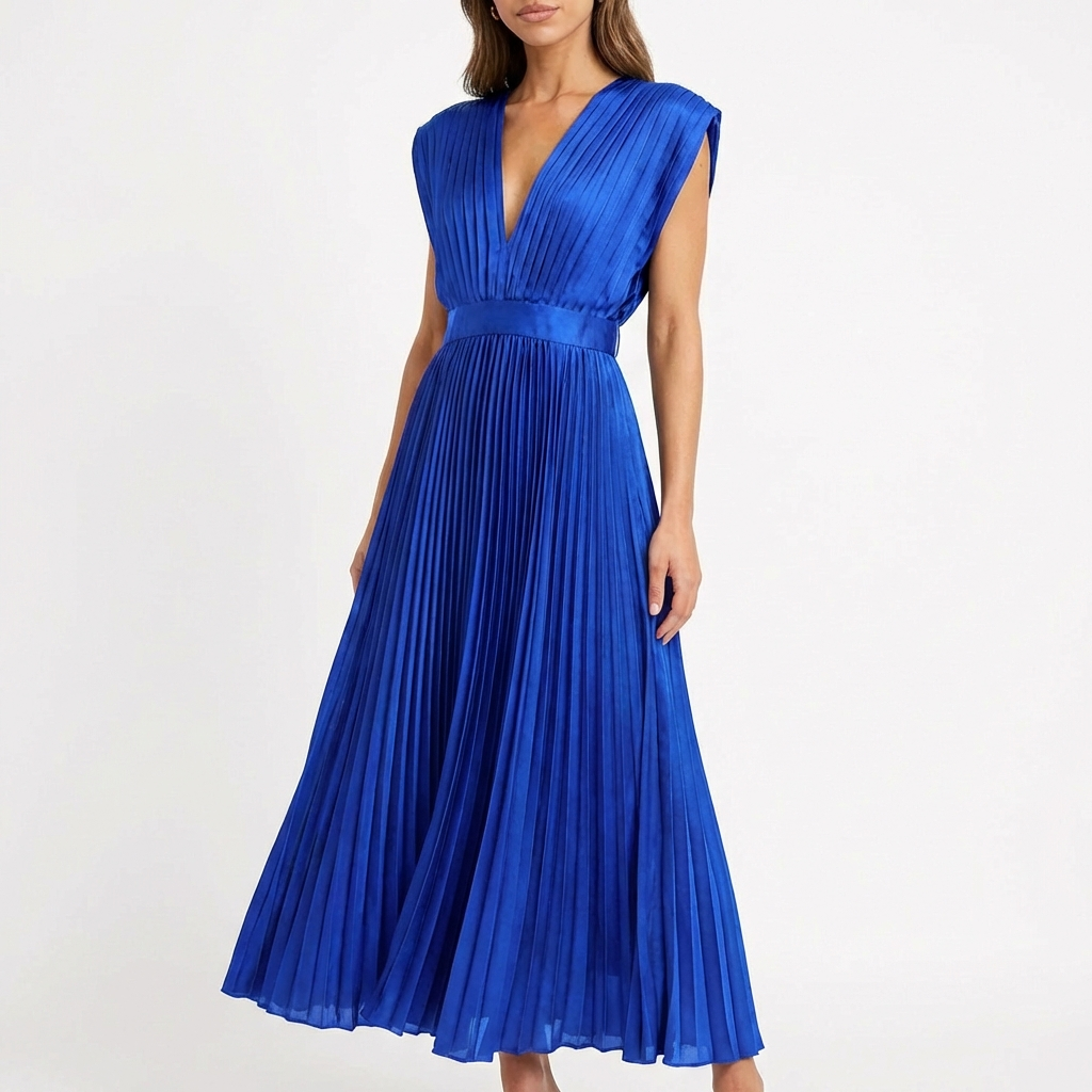 Alessia Abito Donna Midi Plissé – Scollo V, Vita Definita Elegante Fluido