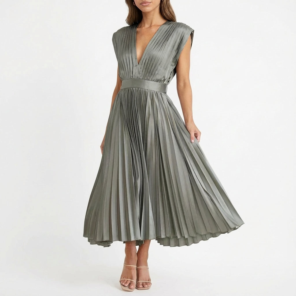 Alessia Abito Donna Midi Plissé – Scollo V, Vita Definita Elegante Fluido