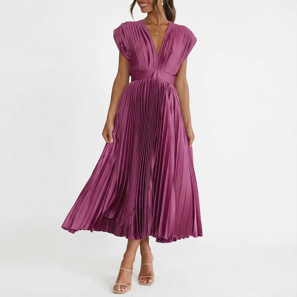 Alessia Abito Donna Midi Plissé – Scollo V, Vita Definita Elegante Fluido