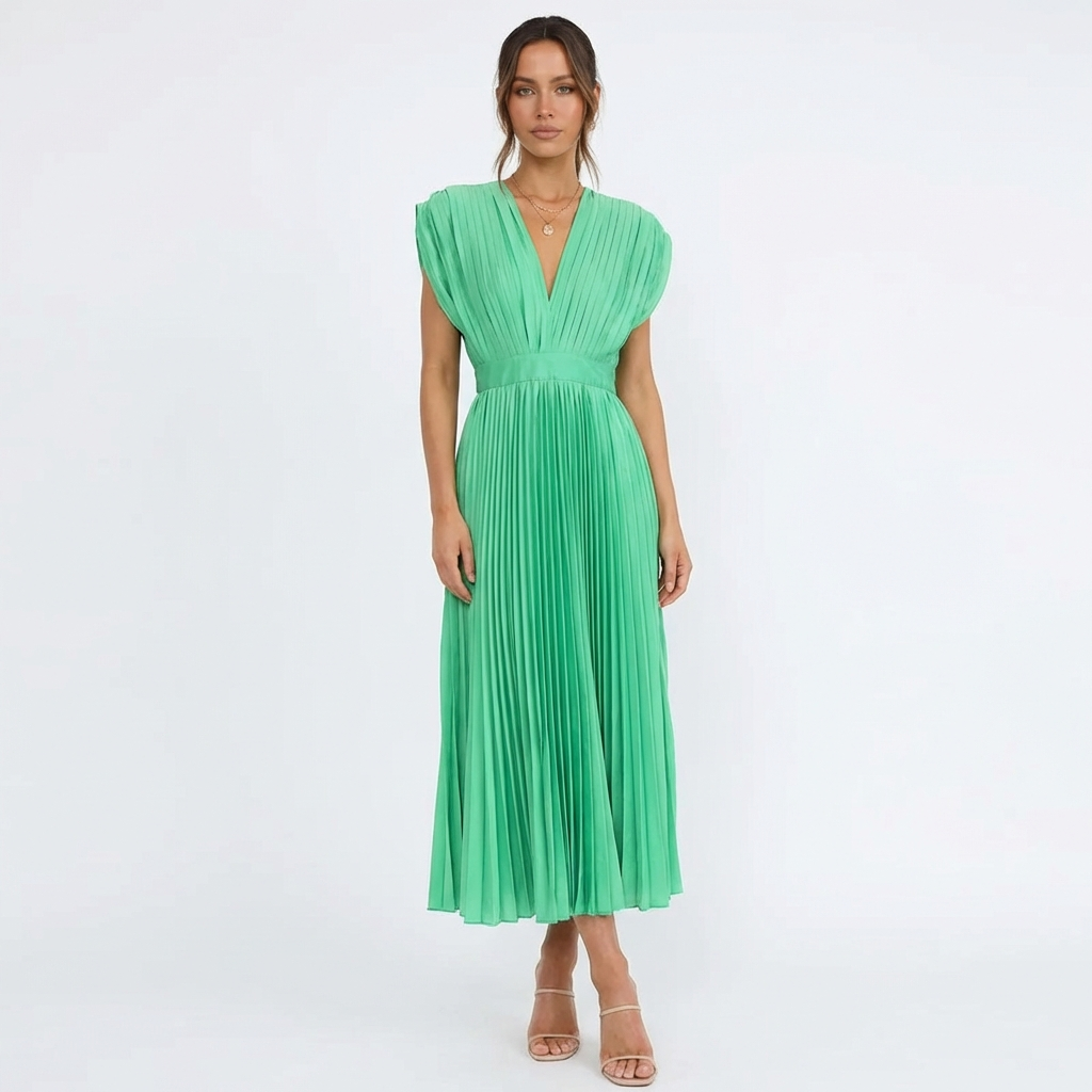 Alessia Vestido Midi Mujer Plisado – Escote en V, Cintura Definida Elegante y Fluido