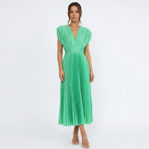 Alessia Abito Donna Midi Plissé – Scollo V, Vita Definita Elegante Fluido