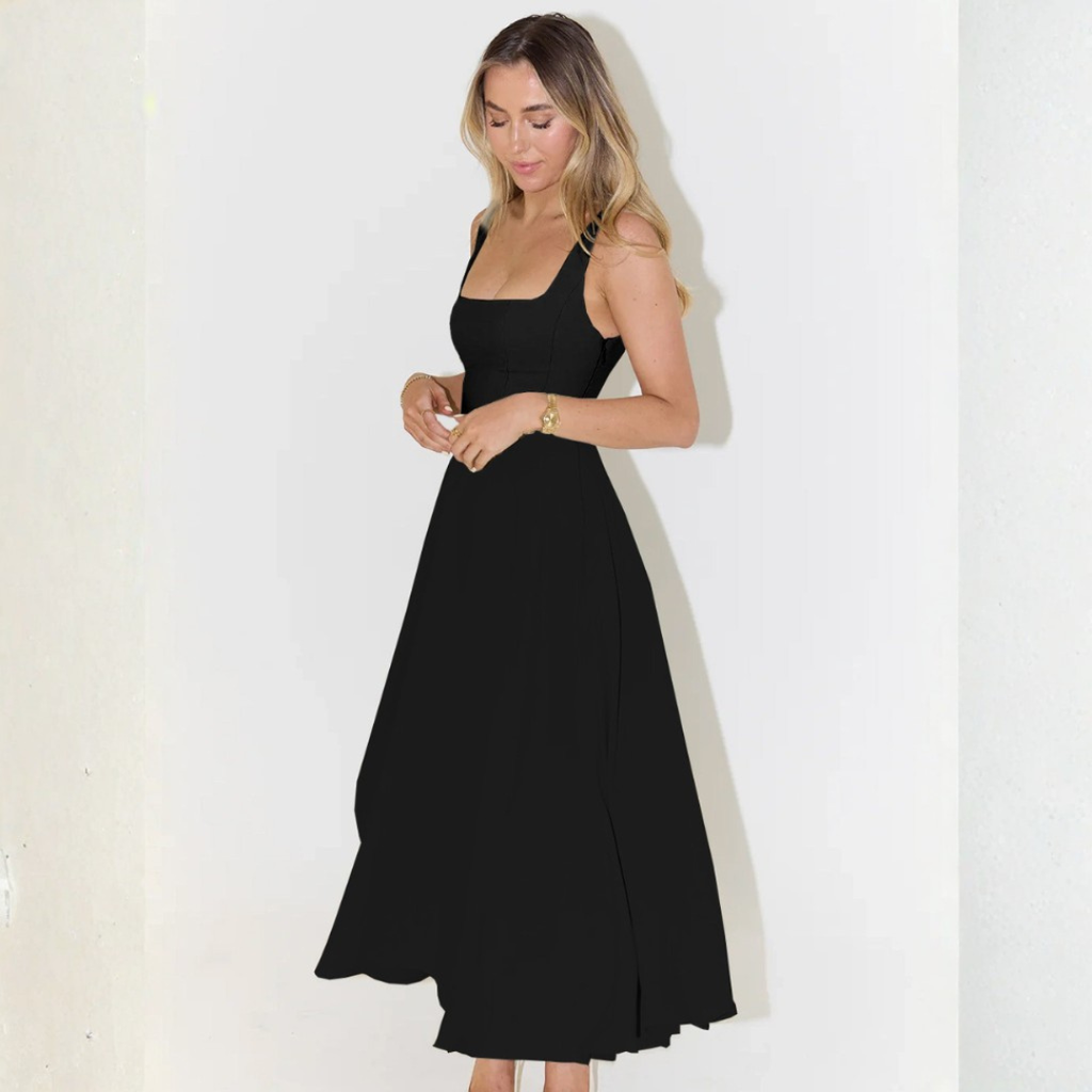 Driana Robe Femme Midi – Robe Col Carré, Légère, Élégante Décontractée d'Été