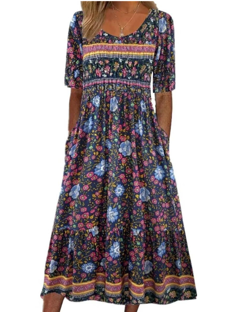Vestido midi Mabel para mujer, estilo bohemio – Estampado floral, mangas cortas y bolsillos laterales
