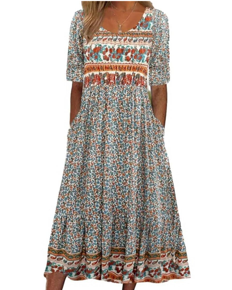Vestido midi Mabel para mujer, estilo bohemio – Estampado floral, mangas cortas y bolsillos laterales