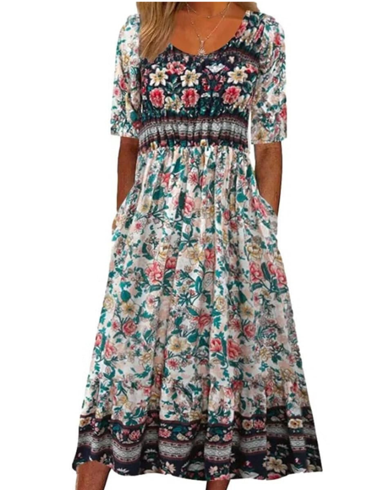Vestido midi Mabel para mujer, estilo bohemio – Estampado floral, mangas cortas y bolsillos laterales