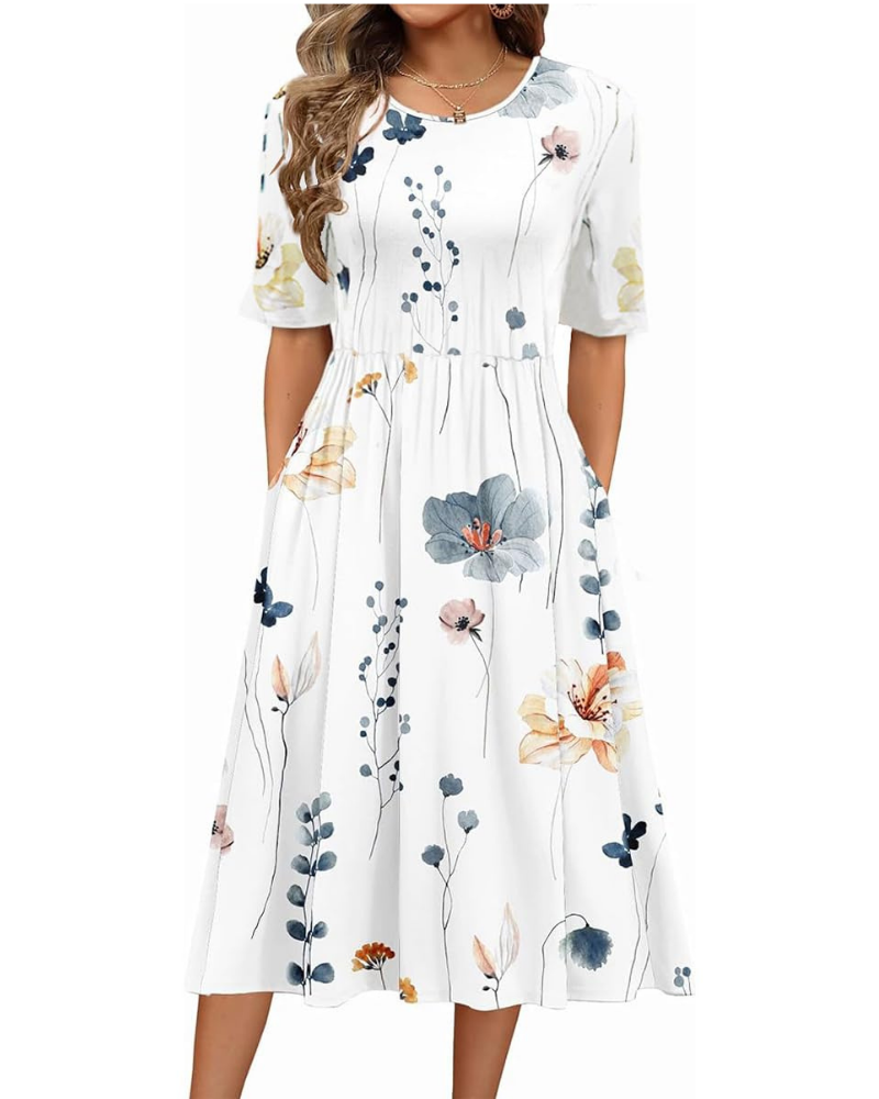 Vestido midi Mabel para mujer, estilo bohemio – Estampado floral, mangas cortas y bolsillos laterales