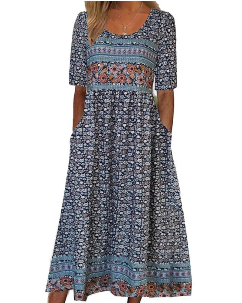 Vestido midi Mabel para mujer, estilo bohemio – Estampado floral, mangas cortas y bolsillos laterales