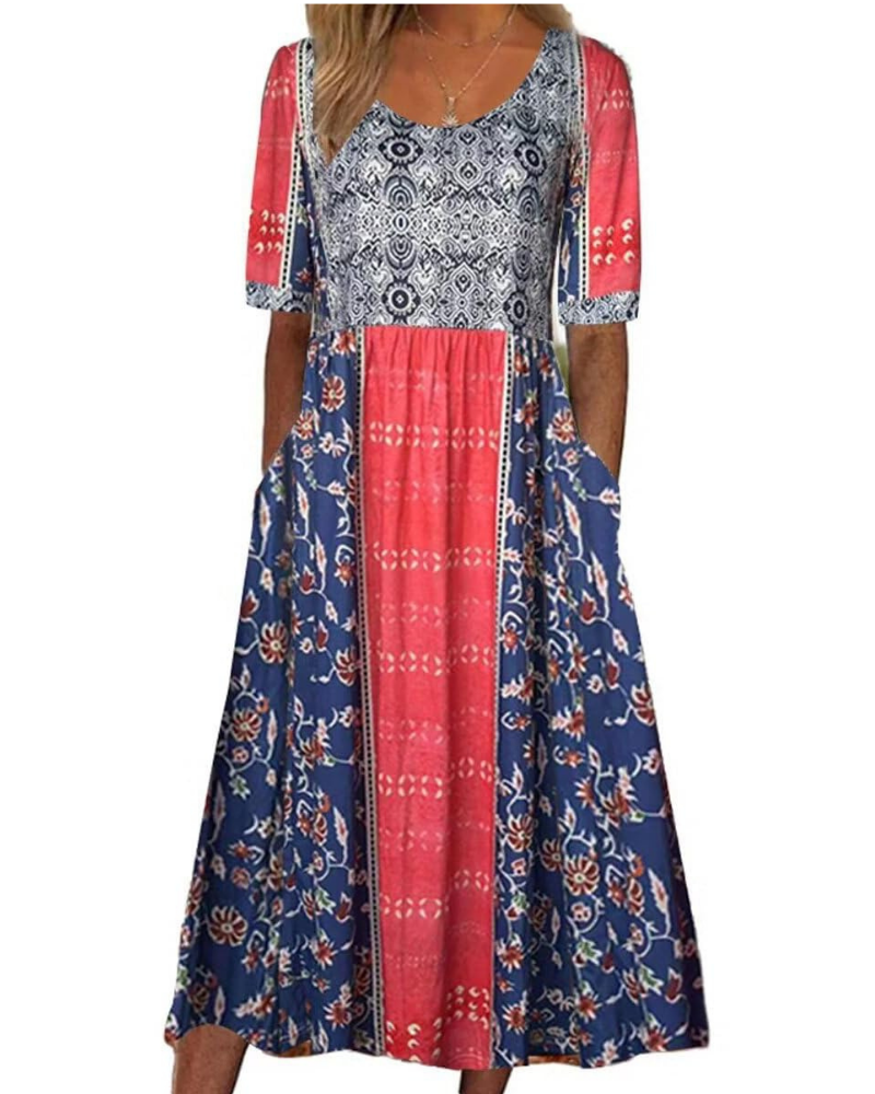 Vestido midi Mabel para mujer, estilo bohemio – Estampado floral, mangas cortas y bolsillos laterales
