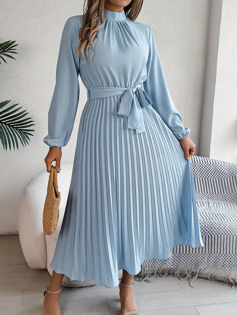 Elena Abito Donna Midi Plissé – Collo Alto, Cintura Regolabile Elegante