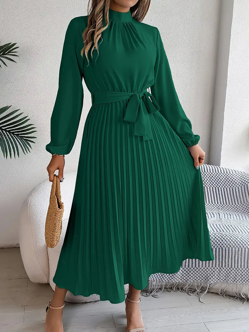 Elena Abito Donna Midi Plissé – Collo Alto, Cintura Regolabile Elegante