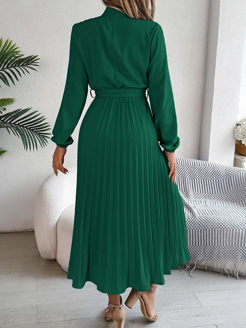 Elena Abito Donna Midi Plissé – Collo Alto, Cintura Regolabile Elegante