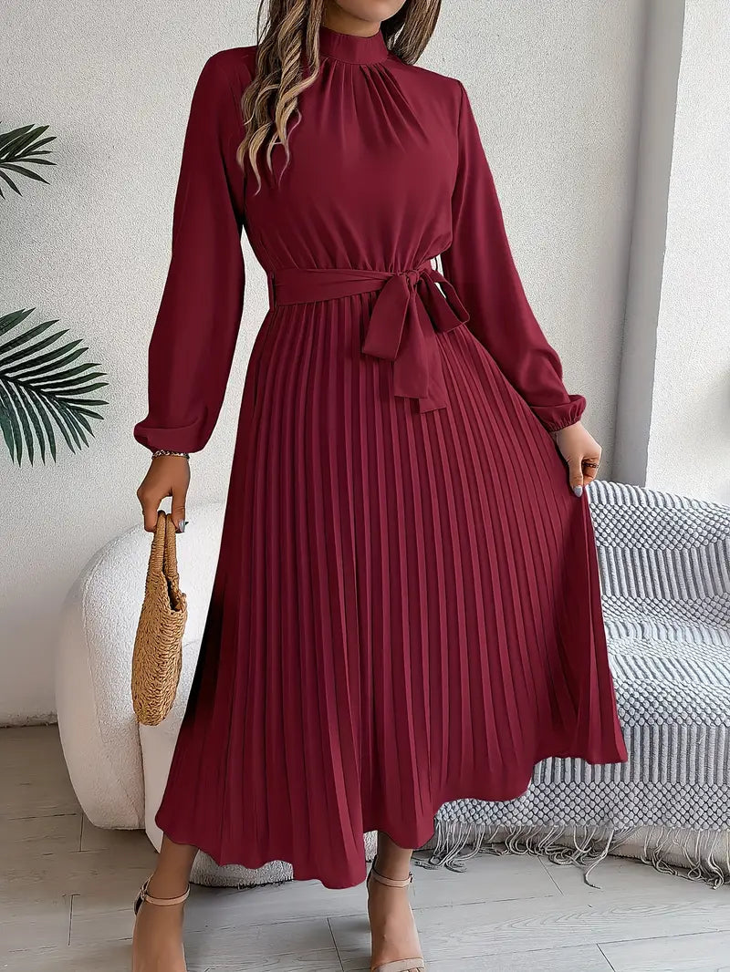 Elena Abito Donna Midi Plissé – Collo Alto, Cintura Regolabile Elegante