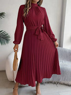 Elena Abito Donna Midi Plissé – Collo Alto, Cintura Regolabile Elegante