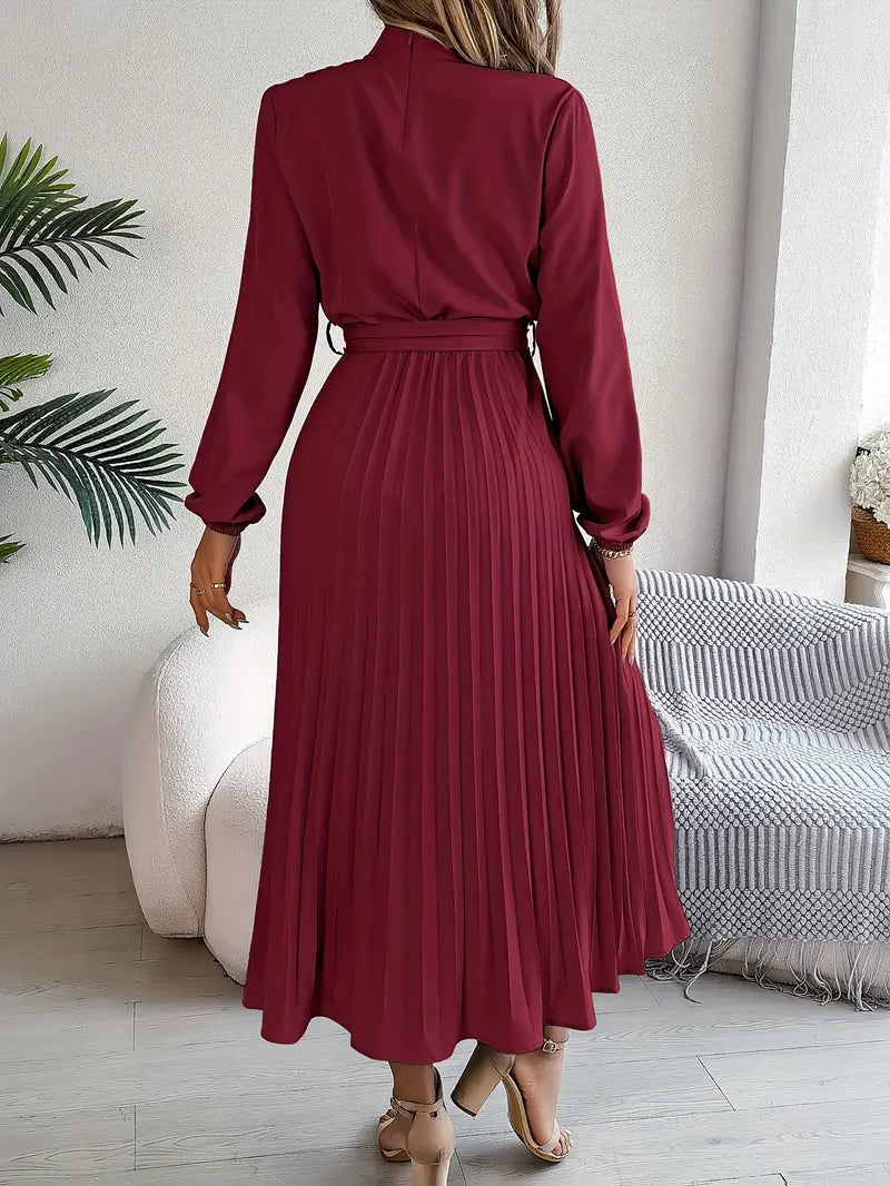 Elena Abito Donna Midi Plissé – Collo Alto, Cintura Regolabile Elegante