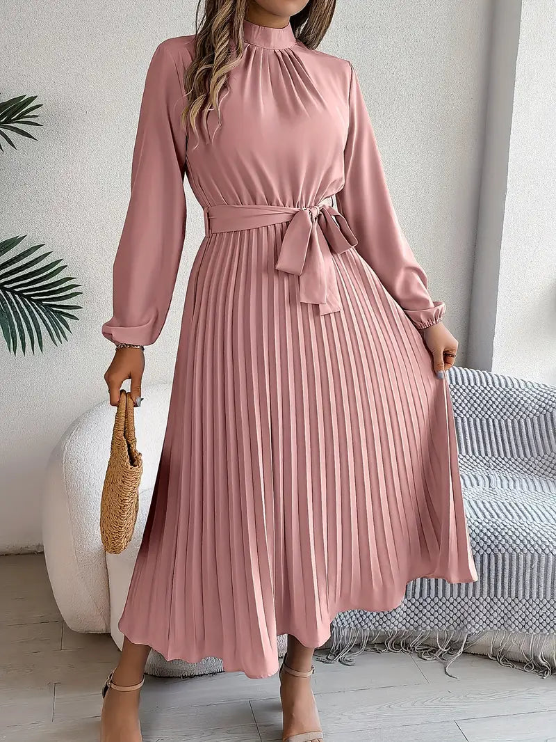 Elena Abito Donna Midi Plissé – Collo Alto, Cintura Regolabile Elegante