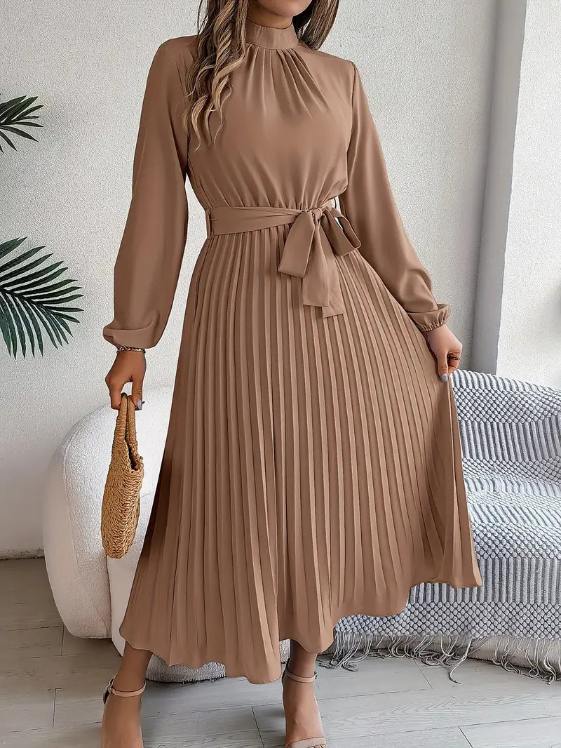 Elena Abito Donna Midi Plissé – Collo Alto, Cintura Regolabile Elegante