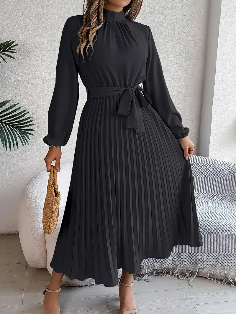 Elena Abito Donna Midi Plissé – Collo Alto, Cintura Regolabile Elegante