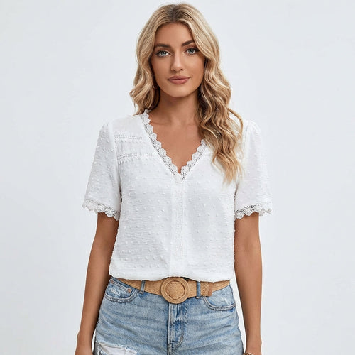 Blouse Plumetis Chiara Femme – Col V avec Dentelle, Légère Élégante Casual Chic