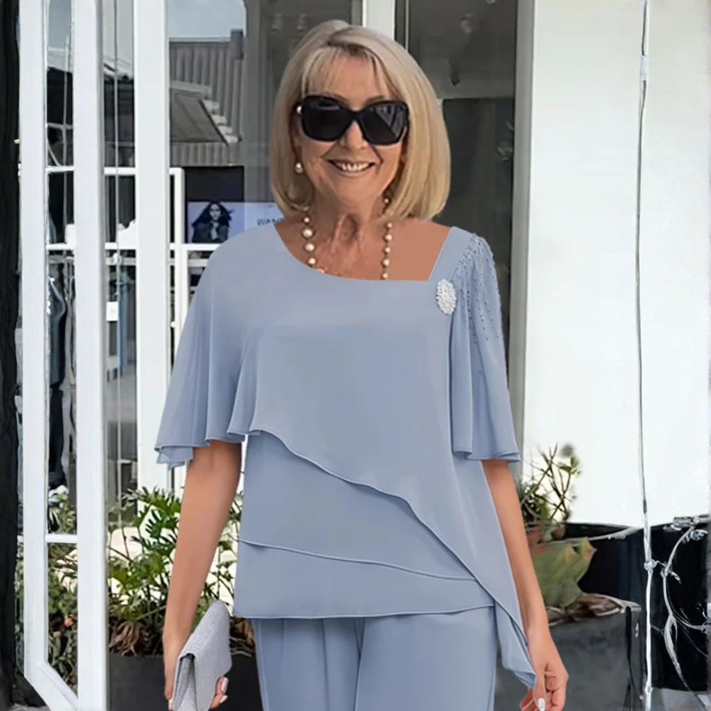 Priscilla Ensemble Femme Deux Pièces – Ensemble d'Été Élégant avec Pantalons, Léger Chic