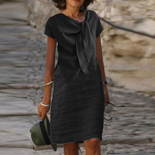 Ava Vestido de Lino Mujer – Midi Transpirable, Nudo en la Cintura y Estilo Casual Chic