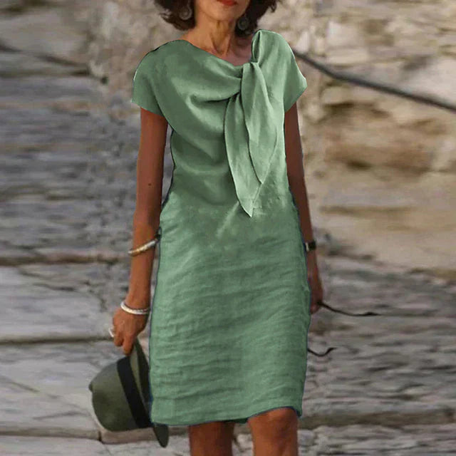 Ava Vestido de Lino Mujer – Midi Transpirable, Nudo en la Cintura y Estilo Casual Chic