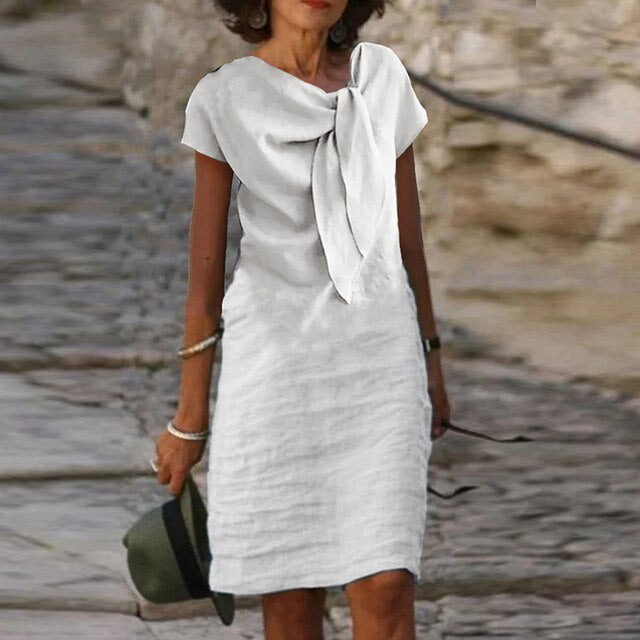 Ava Vestido de Lino Mujer – Midi Transpirable, Nudo en la Cintura y Estilo Casual Chic