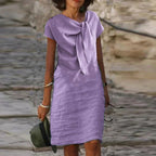Robe en Lin Femme Ava – Midi Respirante, Nœud à la Taille & Style Casual Chic