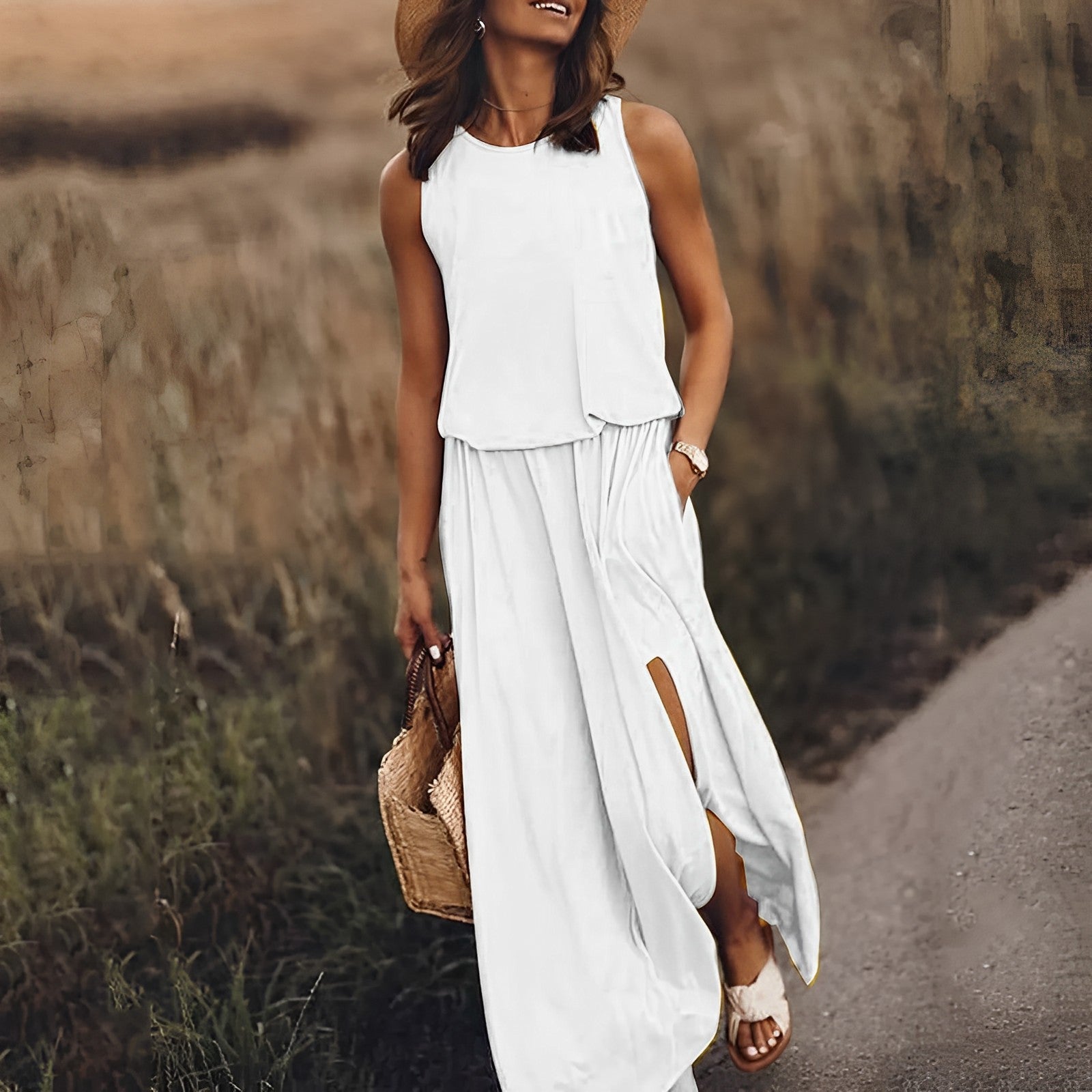 Firenze Abito Donna Maxi Elegante – Vestito Lungo Senza Maniche, Fluido Vintage Chic