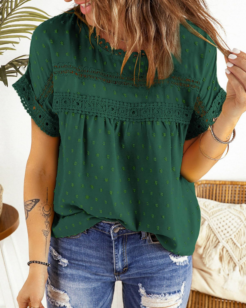 Dorothea Women’s Summer Blouse – Lace, Crew Neck, Short Sleeves, and Relaxed Fit