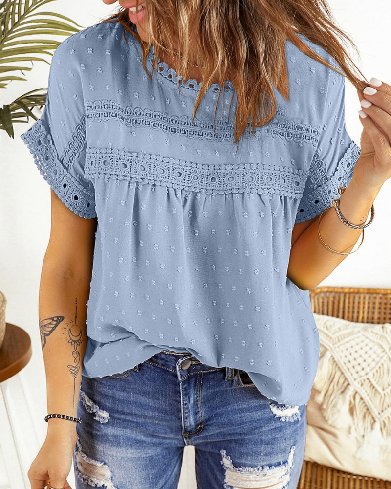 Dorothea Women’s Summer Blouse – Lace, Crew Neck, Short Sleeves, and Relaxed Fit
