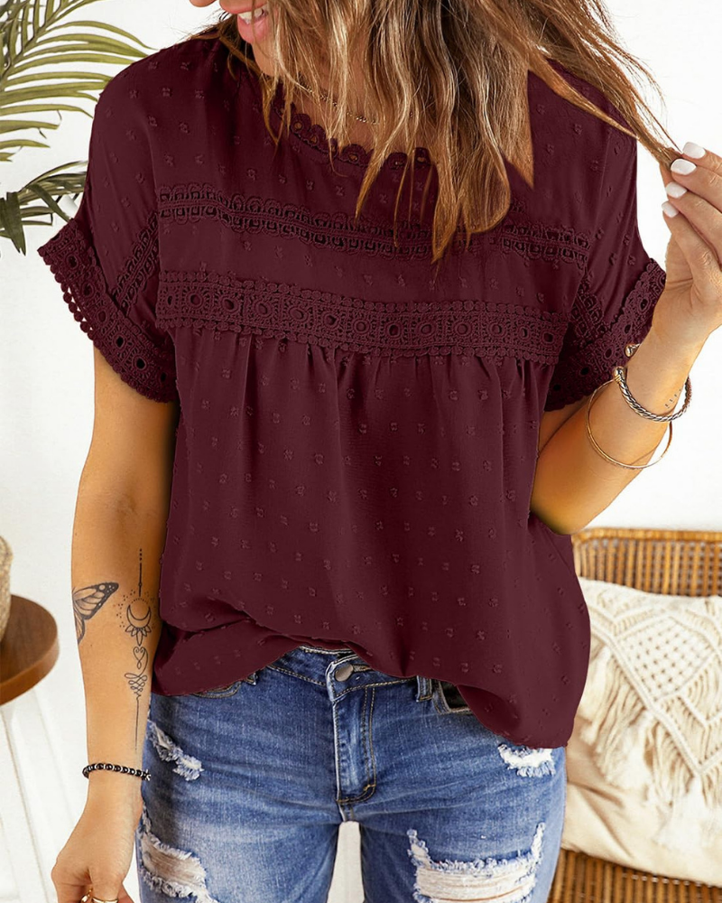 Dorothea Women’s Summer Blouse – Lace, Crew Neck, Short Sleeves, and Relaxed Fit