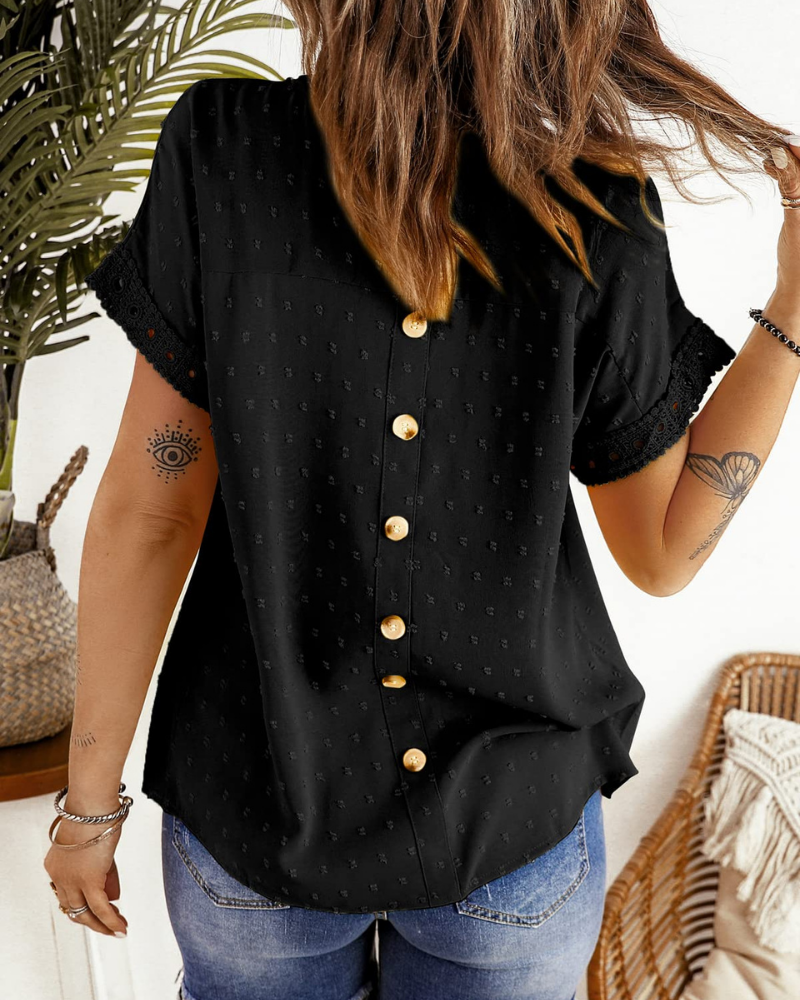 Dorothea Blouse Femme Estivale – Dentelle, Col Rond, Manches Courtes et Coupe Ample