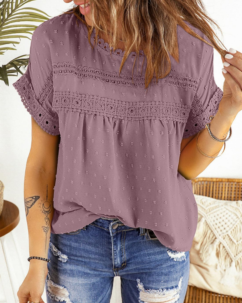 Dorothea Women’s Summer Blouse – Lace, Crew Neck, Short Sleeves, and Relaxed Fit