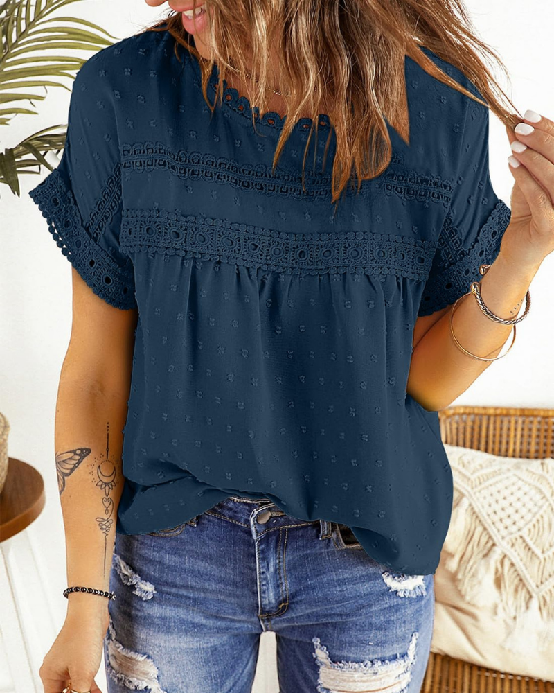 Dorothea Women’s Summer Blouse – Lace, Crew Neck, Short Sleeves, and Relaxed Fit