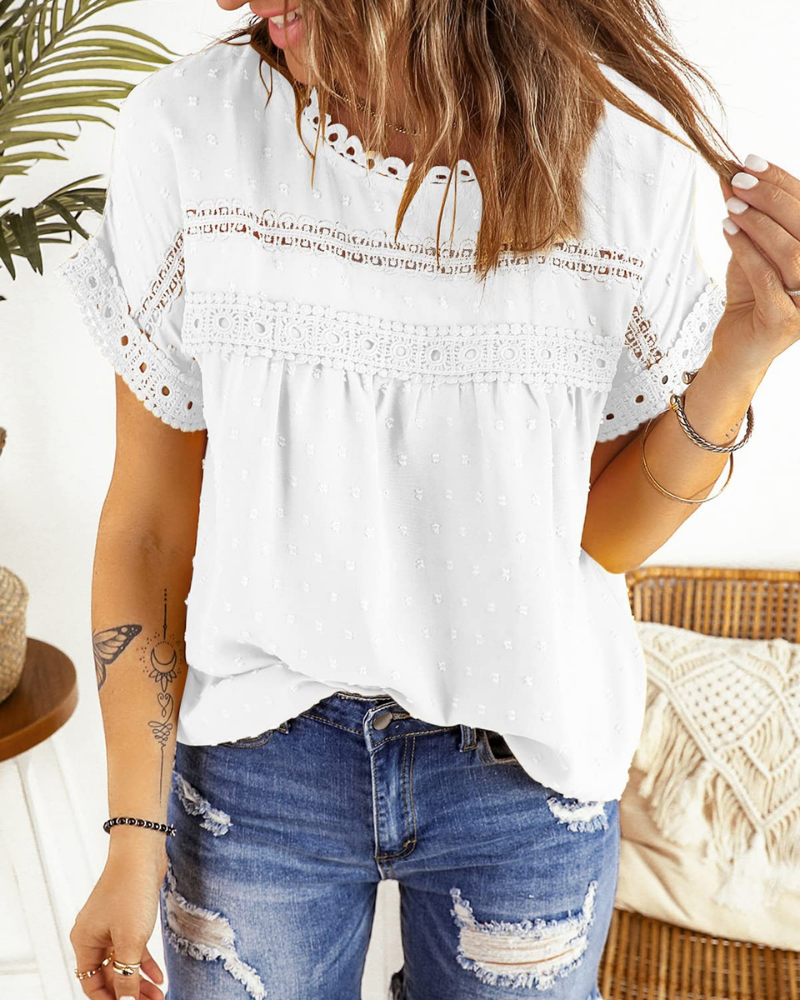 Dorothea Women’s Summer Blouse – Lace, Crew Neck, Short Sleeves, and Relaxed Fit