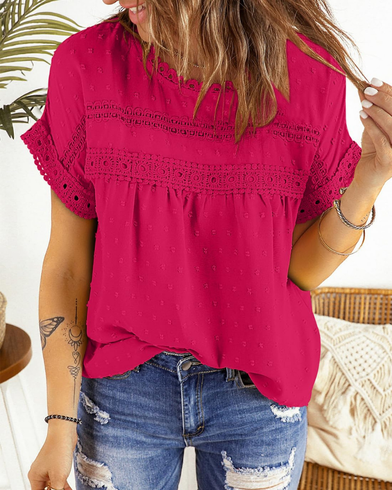 Dorothea Women’s Summer Blouse – Lace, Crew Neck, Short Sleeves, and Relaxed Fit