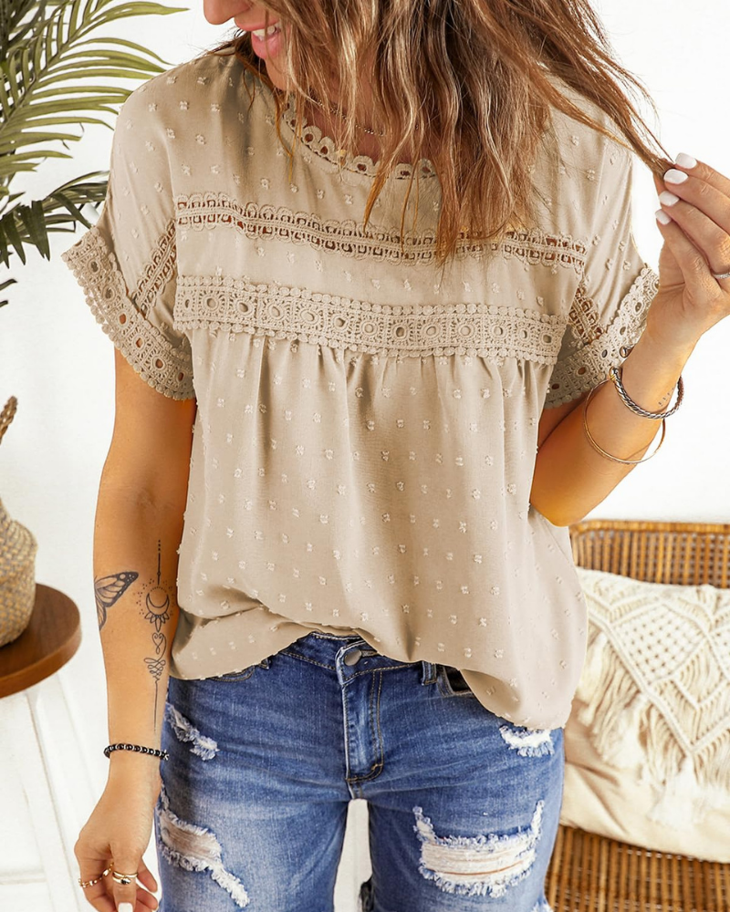 Dorothea Women’s Summer Blouse – Lace, Crew Neck, Short Sleeves, and Relaxed Fit