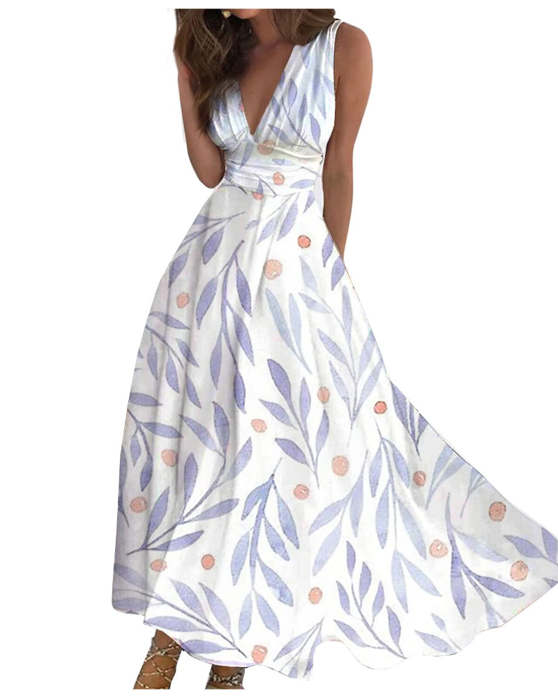 Camille Abito Maxi Donna – Rochie Boho Florală fără Mâneci cu Decolteu în V